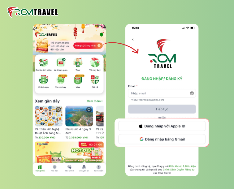 Hướng dẫn đăng nhập app Rovi Travel